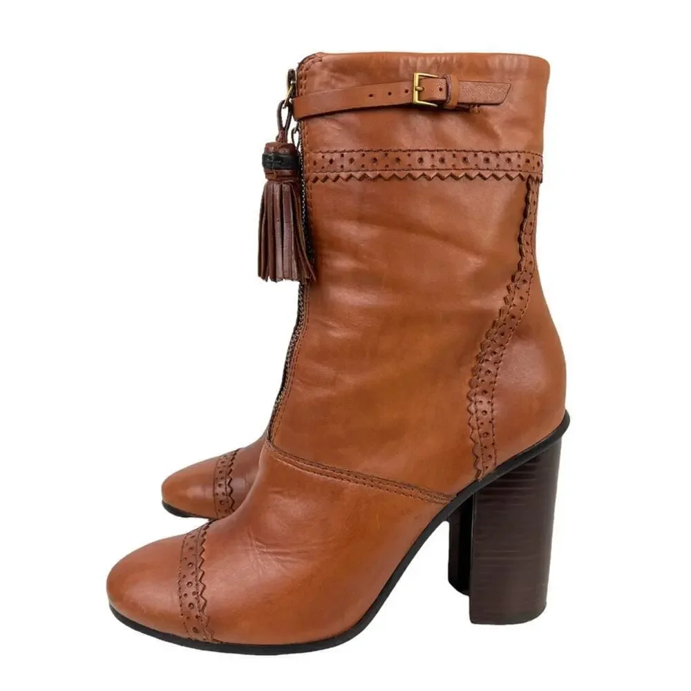 TORY BURCH Womens Size 8 Huxley Brown Leather Ankle Boots Tassel Zipper Shoes